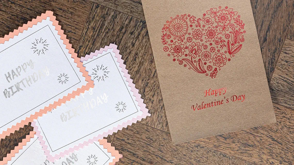 HAK-100 print examples, greeting cards in red and silver foil at Brother Gulf, Middle East & Africa